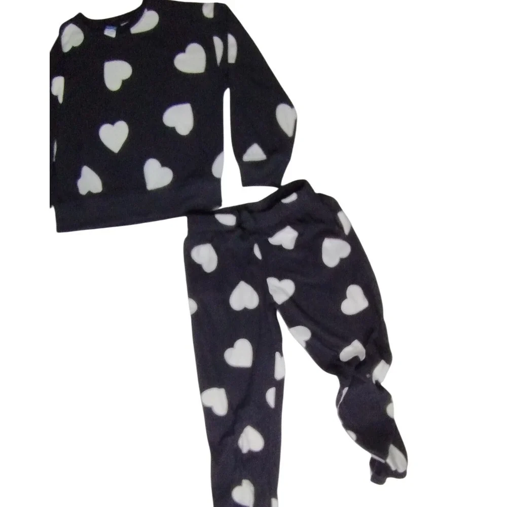 Old Navy Girls M Hearts Black Pajama‎ Set Matching Top & Bottoms Kid's Medium